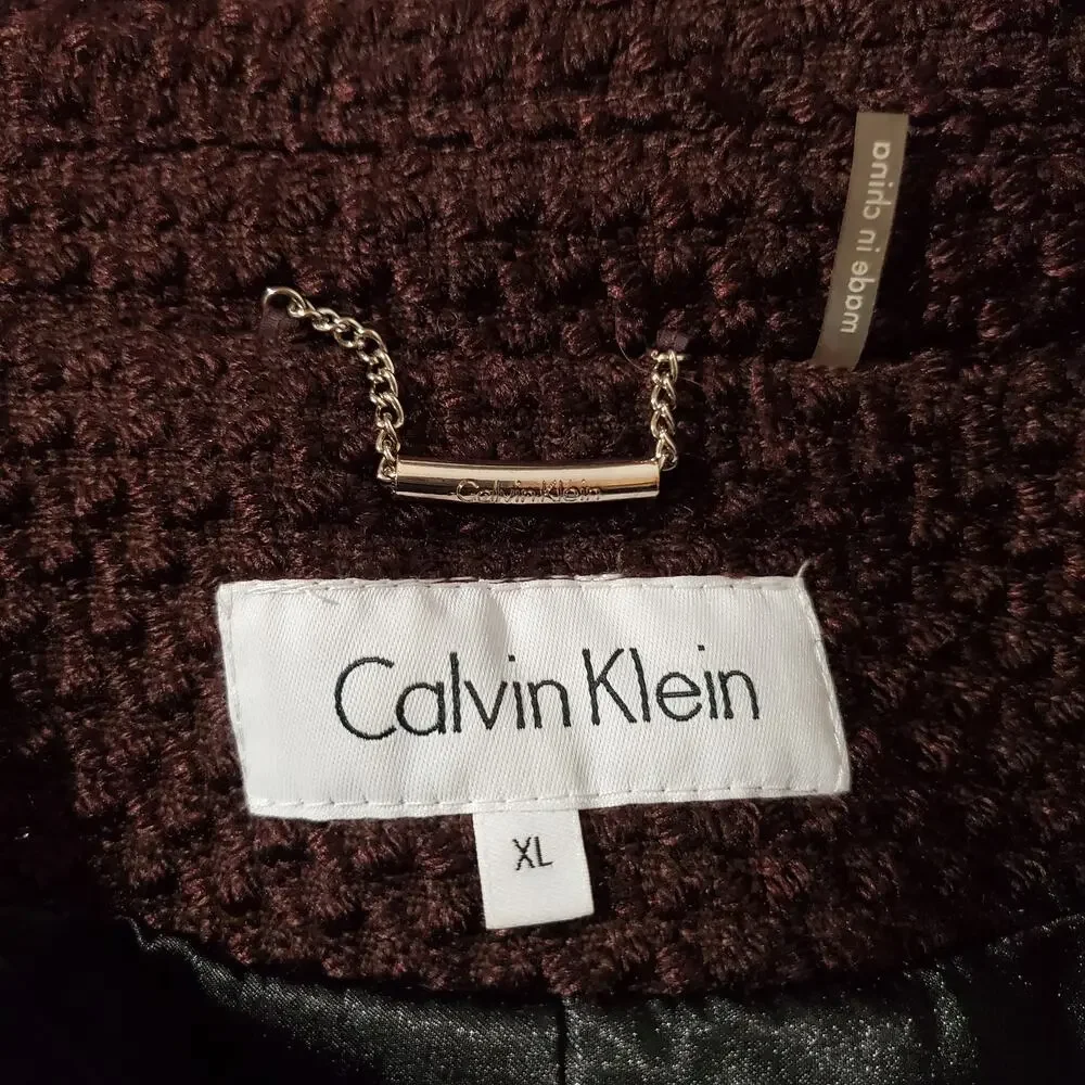 Calvin Klein NWT Woven Belted Hooded Zip Mid Length Coat Womens Size XL Plum